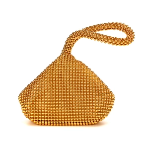 Elegant gold woven beaded handbag in triangular clutch design with metal luster handle