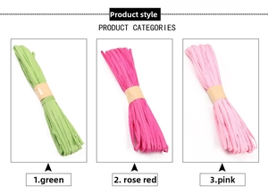Detail of DIY raffia paper ribbons in green, rose red, and pink for gift wrapping