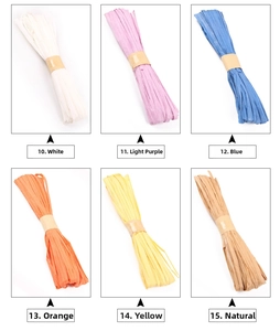 Detailed close-up of colorful DIY raffia paper ribbons in six various natural tones
