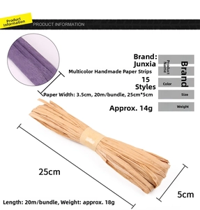 Detail showing 15 colors of 20m DIY raffia paper ribbon with size and weight specifications