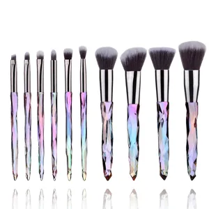 Detailed view of 10-piece makeup brush set with crystal handles and soft synthetic bristles