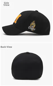 Side and back view of a black baseball cap with tiger embroidery and orange letter H