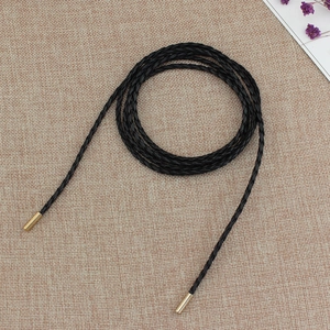 Women Thin Braided Waist Rope Belt PU Leather Extra Long Knotted Dress Decoration Golden Metal Ends Versatile