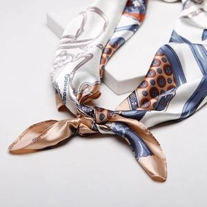 Elegant 90cm silk-feel square scarf with equestrian print on clean white background