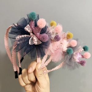 Sparkling sequin crown headbands with mesh veils and colorful pompoms for girls