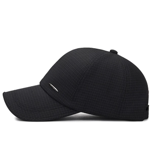 Men's black checkered sport baseball cap with silver metal 'SPORT' emblem side view
