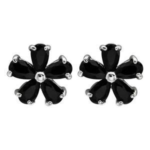 Macro view of black zircon flower stud earrings with silver-toned five-petal petal design