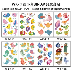 Detail view of colorful bird cartoon temporary tattoo stickers for children in set of 8