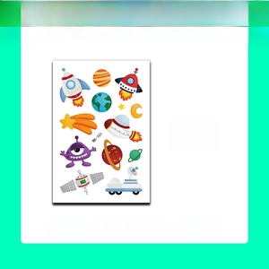 Cartoon space themed temporary tattoos for kids featuring rocket and planet designs