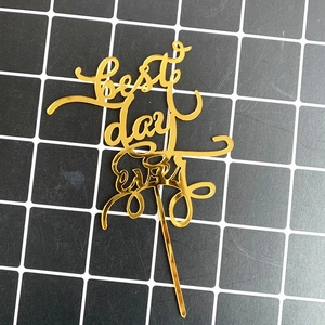 Detail showing 'best day ever' art font gold acrylic cake topper on grid background