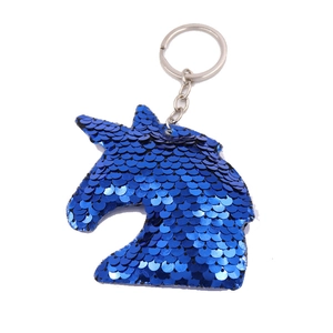 Blue sequin unicorn head keychain with silver metal ring on a clean white background