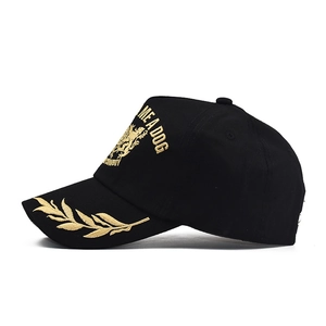Vue détaillée de la broderie lion doré et motifs de feuilles sur une casquette noire