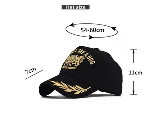 Guide des tailles de casquette noire avec broderie dorée montrant le tour de tête précis