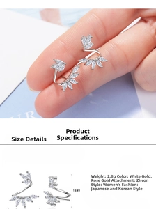 Macro view showing dimensions and weight of floral zircon leaf earrings in silver
