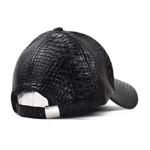 Back view of black faux leather baseball cap with crocodile texture and metal buckle
