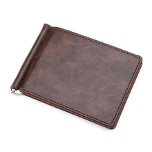 Close-up of a vintage dark brown PU leather wallet featuring a durable metal money clip