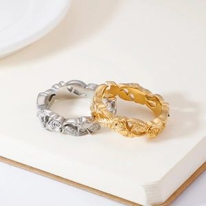 Elegant gold and silver rose flower embossed relief rings set for women and girls
