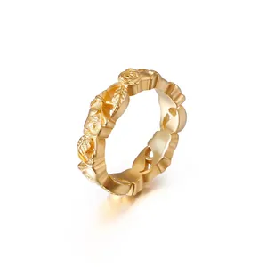 Rose Flower Relief Band Ring Stainless Steel 18K Gold Plated Vintage Elegant Floral Jewelry Gift For Women Couples