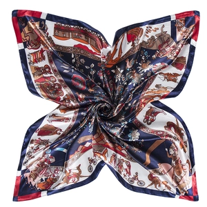 Detail of 90cm silk-like square scarf featuring vintage carriage pattern in navy and red