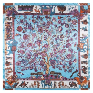90cm silk-like scarf with Indian elephant and Tree of Life patterns in vibrant colors
