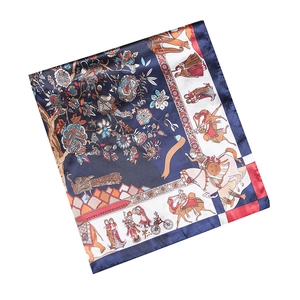 Detail of 90cm silk scarf featuring colorful ethnic elephant and tree of life patterns