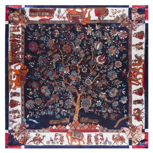 90cm silk square scarf featuring ethnic elephant and tree of life pattern in vibrant colors