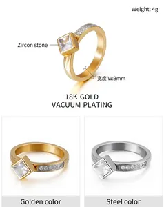 Detail of square zircon ring with 4g weight, 3mm width, and 18K gold plated steel