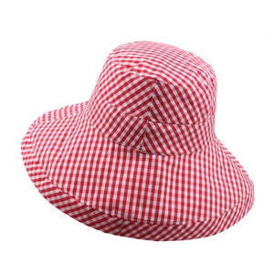 Women's summer red and white checkered sun hat with a wide brim and foldable design