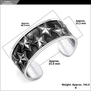 Detailed size parameters of punk star cuff bracelet showing 32.2mm width and 146g weight