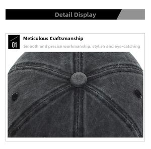 Detail of a black washed cotton baseball cap showing top button and reinforced stitching