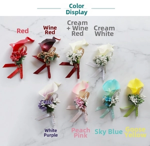 Detail view of 8 colored PU calla lily boutonnieres with decorative pearl beads and ribbons