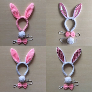 Three-piece plush rabbit ear headband set with pink bow tie and fluffy tail props