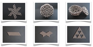 Detailed views of 5mm silver magnetic balls forming various geometric shapes and structures