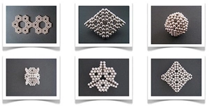 Six different geometric shapes and structures made from 5mm silver magnetic spheres