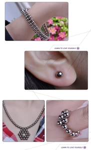Silver magnetic buckyballs shown as versatile jewelry including bracelets and necklaces