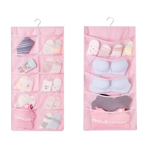 Pink hanging organizer with mesh pockets and metal hook for socks and underwear