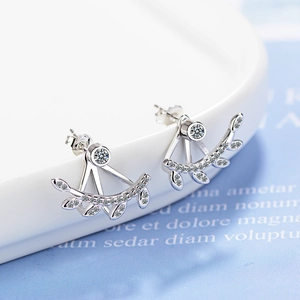 Silver leaf jacket earrings with sparkling zircons in an olive branch design