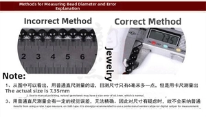 Digital caliper measurement of black natural stone beads showing precise 7.35mm diameter size