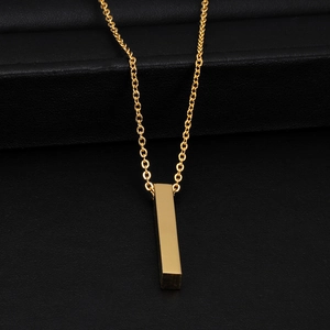 Polished gold rectangular bar pendant necklace with O-chain on textured leather