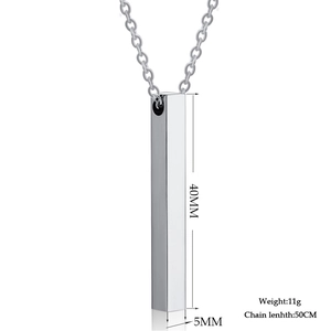 Detailed view of a 40mm stainless steel bar pendant necklace with dimensions and weight