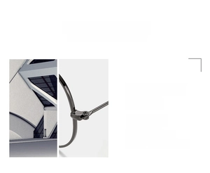 Detail shot of black metal eyeglass frame hinge with precise screw structure and polished finish