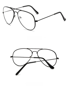 Detail view showing side and back angles of classic black metal aviator glasses frame