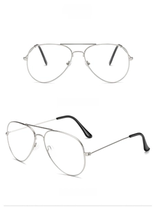 Front and side view of classic silver metal aviator glasses frame with double bridge design