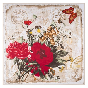 Retro 130cm floral silk scarf with red peonies, poppies and butterflies on vintage background