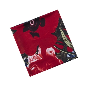 Detailed close-up of butterfly and red poppy pattern on a twill square silk scarf