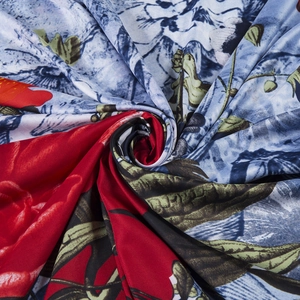 Macro shot of 130cm silk twill scarf showing vivid butterfly and peony floral texture