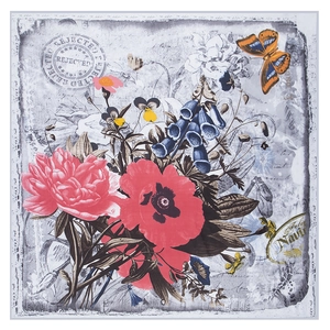 Retro 130cm floral square scarf featuring poppy and butterfly prints with vintage postmarks