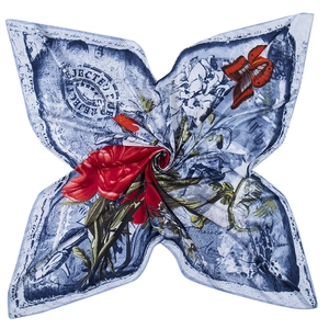 Detail of blue square scarf featuring red butterfly and yellow floral patterns
