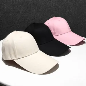 Classic cotton baseball caps in black, white, and pink with reinforced long brims