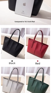 Minimalist leather tote bags in four colors with 10.5 inch iPad size comparison detail